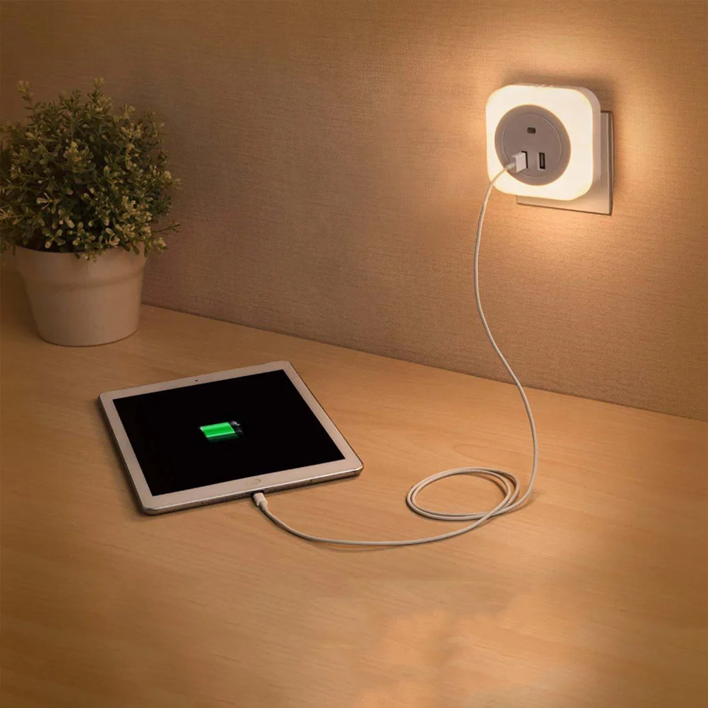 

1 pc Usb Charging Night Light Led Dual Usb Bedside Lamp Auto On Off 3 Modes For Bedroom Room Bathroom White