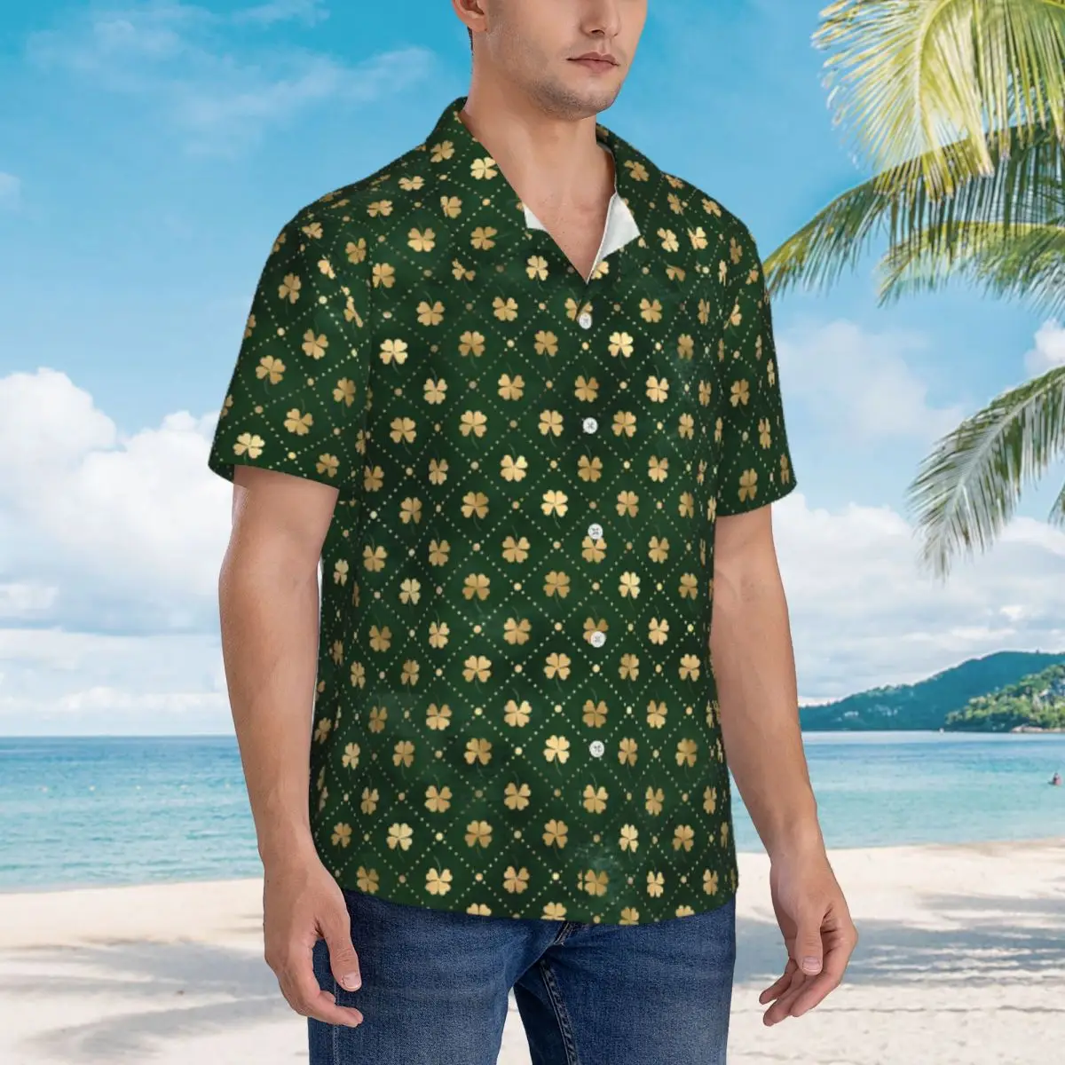 Gold Shamrock Print Beach Shirt St Patricks Day Summer Casual Shirts Mens Vintage Blouses Short-Sleeved Y2K Street Pattern Top