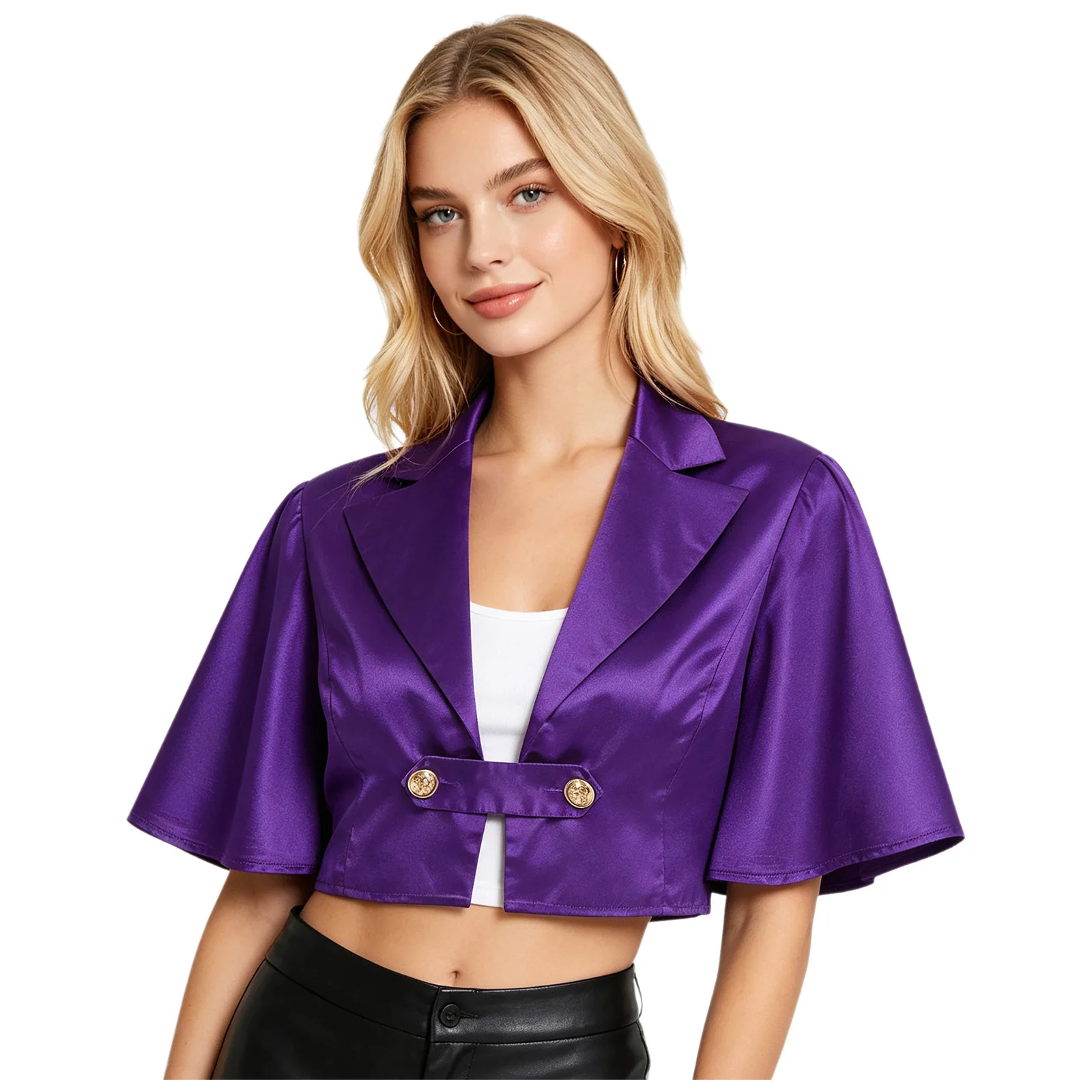 Womens Glossy Satin Short Crop Jacket Tops Lapel Collar Flared Short Sleeves Metal Decor Buckle Party Club Victorian Blazer