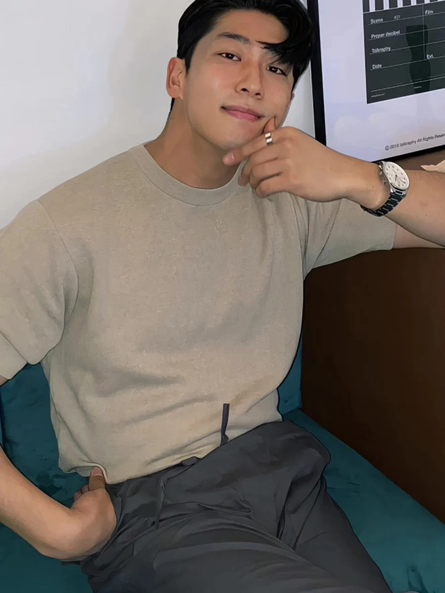 Slim Fit American Style Men's T-Shirt Ice Cool Breathable Short Sleeve Knitted Core Yarn Shirt Half High Collar Summer Fashion