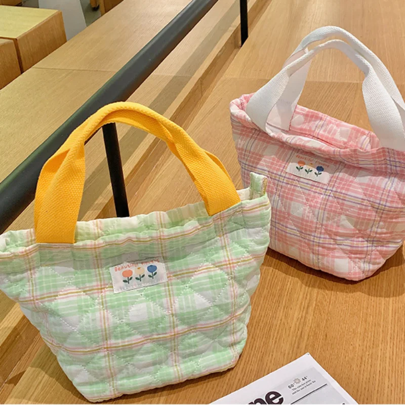 Plaid Lunch Bag Women Thermal Big Capacity Drawstring Lunch Box Tote Food Bags Office Worker Portable Insulated Food Storage Bag