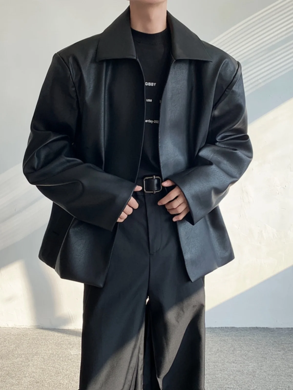 

Cleanfit Punk Sle Men's Leather Jaet Casual Pure Color Flip Collar Loose Fit Youthful Vitali Faion Autumn Outerwear