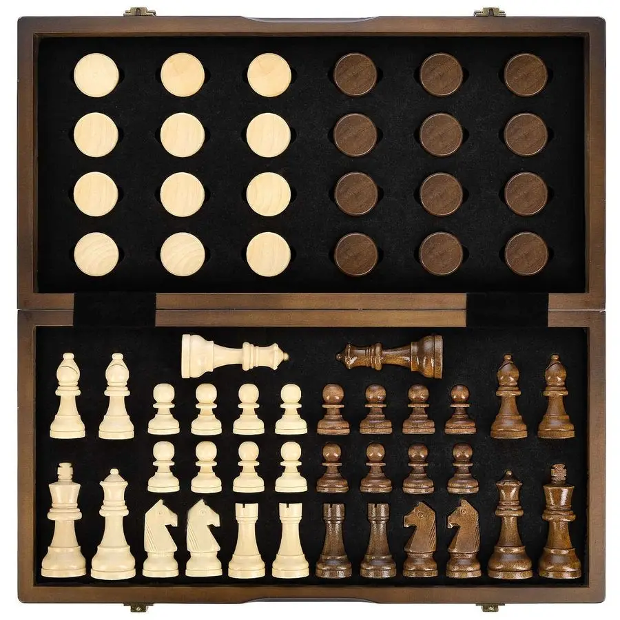 

Magnetic Wooden Chess and Checkers Game Set, 15 Inches 2 in 1 Chess Board Games, 2 Extra Queens Gift Package Game Pieces Storage