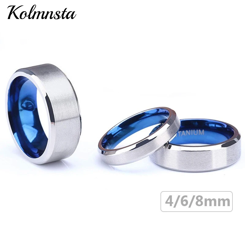 Kolmnsta 100% Pure Titanium Men Women Ring Silver Color Blue Inside Classic 4/6mm Wedding Rings Engraving Provide Drop Shipping