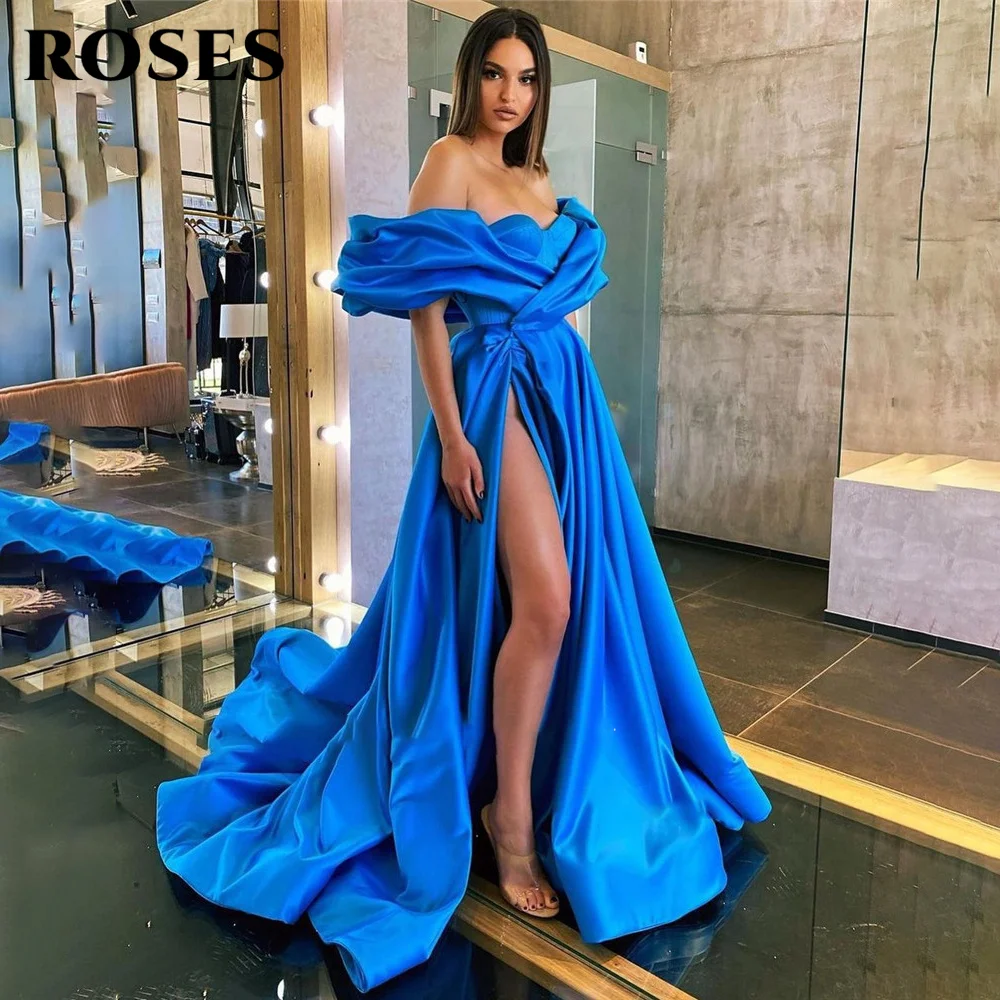 Blue Satin Long Evening Dresses Off The Shoulder Short Sleeves High Slit Prom Gowns Sexy Mother Bride A Line Formal Party Dress