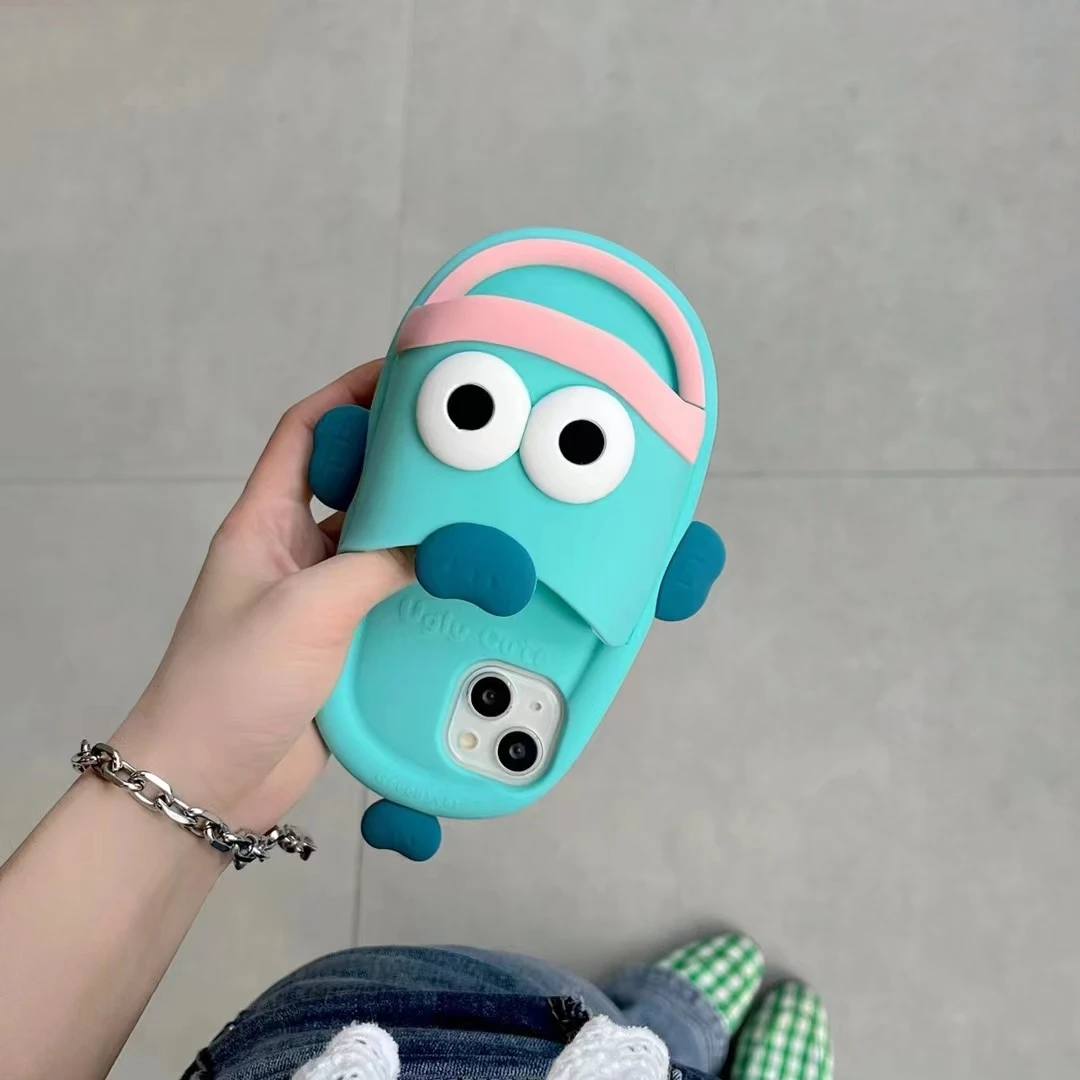 3D cute unique creative button sensitive cartoon ugly fish slippers suitable for iPhone 15, 14, 12, 13 Pro Max 11 silicone case