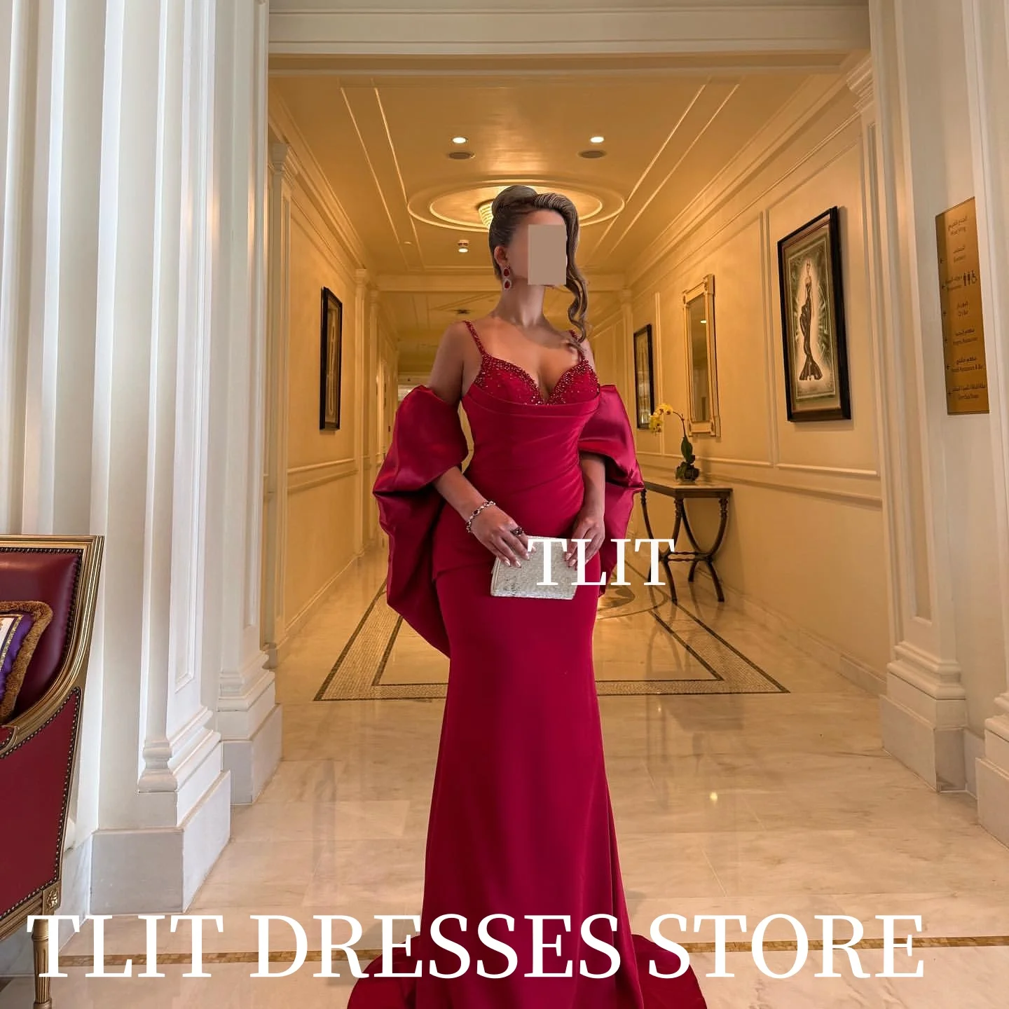 TLIT シンプルなレッドシルクサテンイブニングドレスカスタマイズされた فساتين سهرة スイートハートビーズスパゲッティストラッププロムドレス