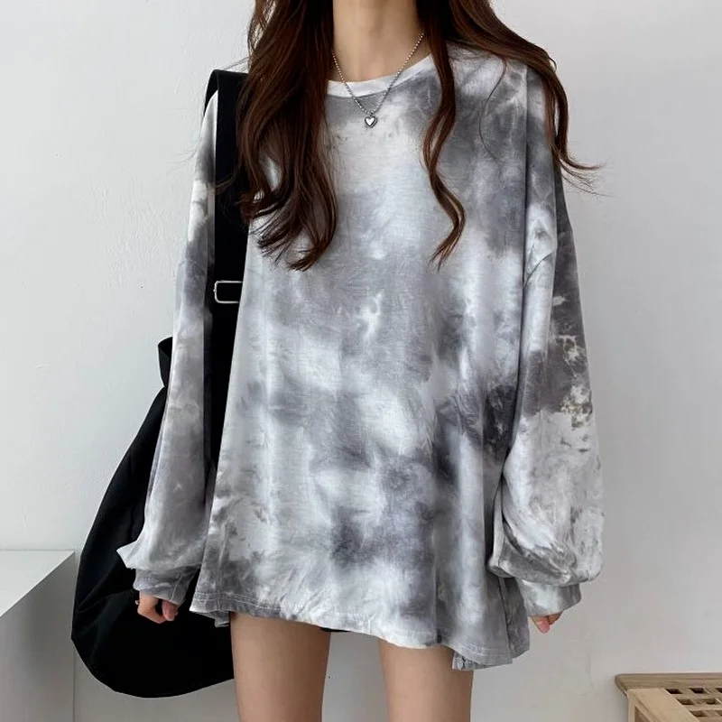 Long Sleeve Tie-dye T Shirts Female Autumn Top for Women High Quality Tees Xxl Korean Fashion Pulovers Glitter Grunge O Clothes