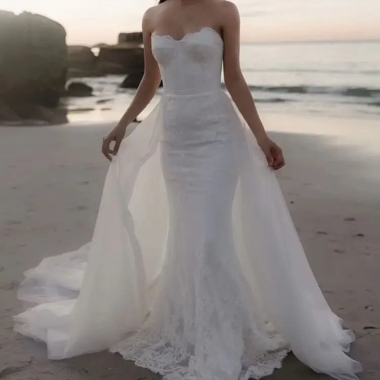 Strapless Lace Mermaid Bride Vintage Wedding Dresses Hi-Lo Trailing Mesh Design Bridal Gowns Custom Handmade Prom Dresses