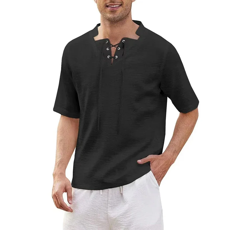 

Summer New Solid Color Irregular Neckline Short Sleeve Shirt Personality Fashion Retro Men's Lace Up Collar Casual T-shirt Man