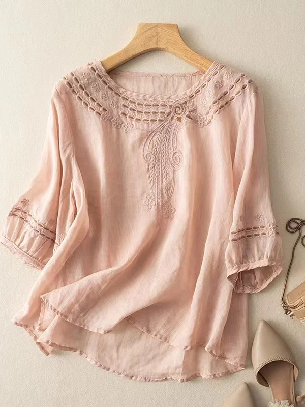 

Ele Loose Cotton Linen Embroidered ort Sve T-irt Women's Summer New Sle Slimming Top Comfortable Breathable