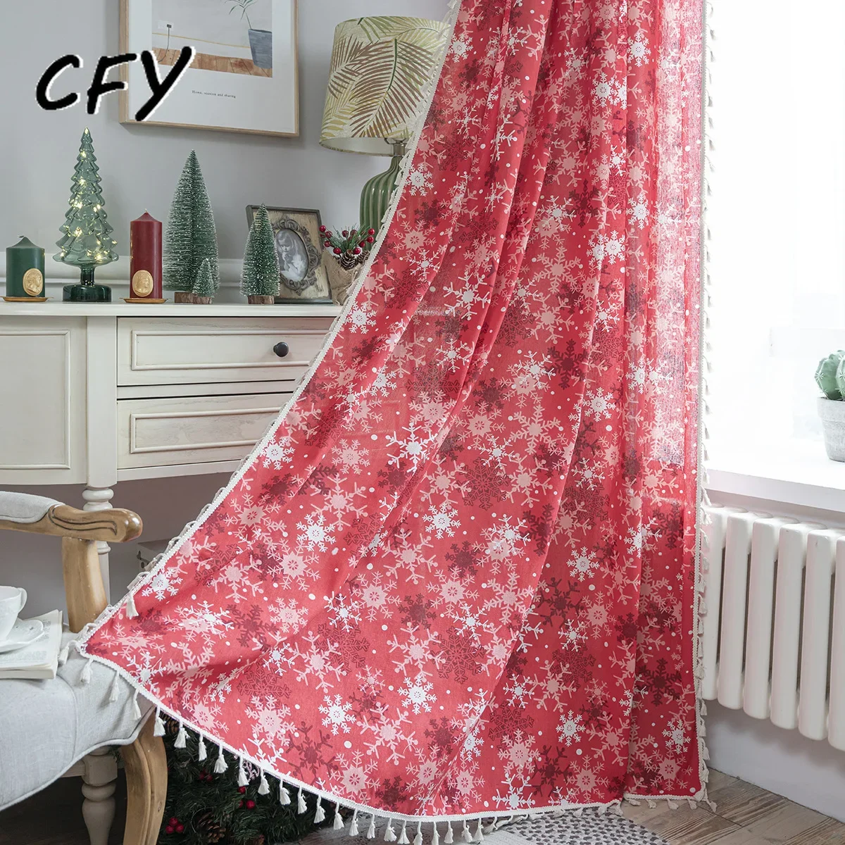 

Cotton Linen Red Snowflake Christmas Bedroom Living Room Easy Drape for Living Room Blackout Thick Window Drapes