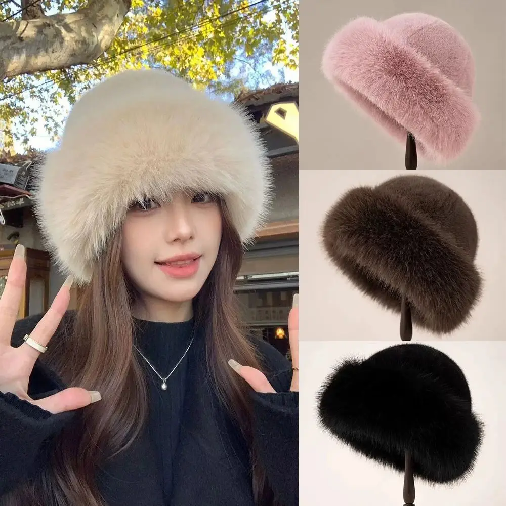 

Thick Warm Fluffy Fur Bucket Hat Solid Color Plush Panama Cap Imitation Mink Fur Brimless Winter Beanies Hat Outdoor Skiing