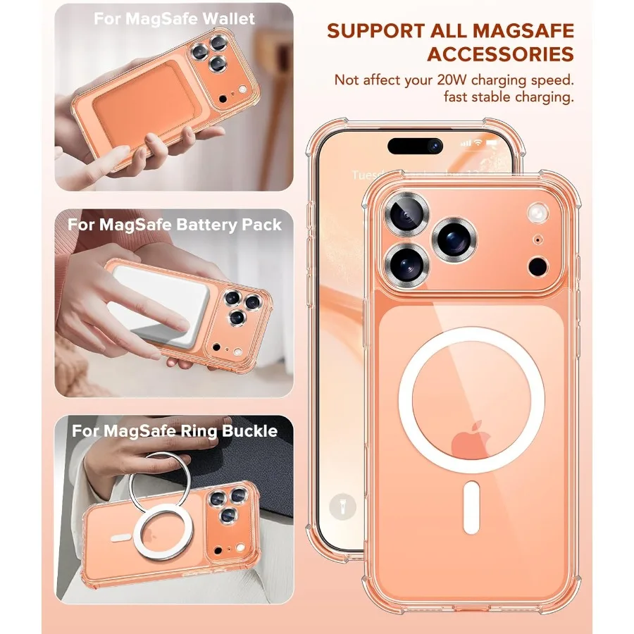 حافظة حماية شفافة مضادة للصدمات لهاتف iPhone 17 Pro Max 6.9 مع تصميم MagSafe المضاد للاصفرار