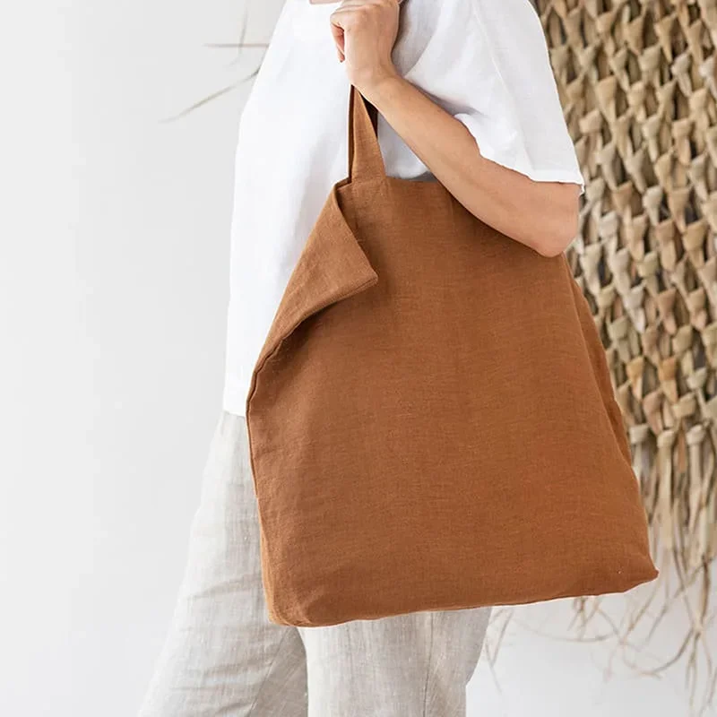 French Dew Retting Linen 100% Pure Hemp Supermarket Environmental Cloth Bag Carrier Foldable Portable Shopping Bag Women