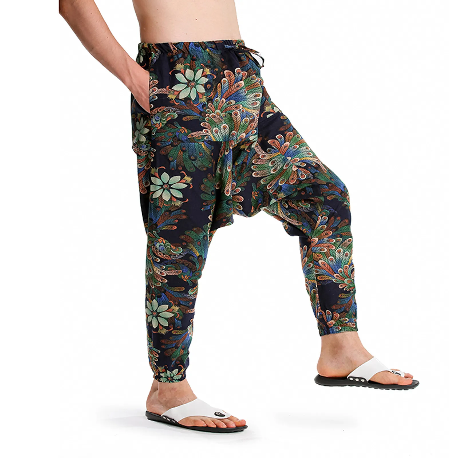 Men's Stylish Peacock Print Harem Baggy Genie Boho Pants Casual Cotton Yoga Drop Crotch Sweatpants Hip Hop Traditional Trousers