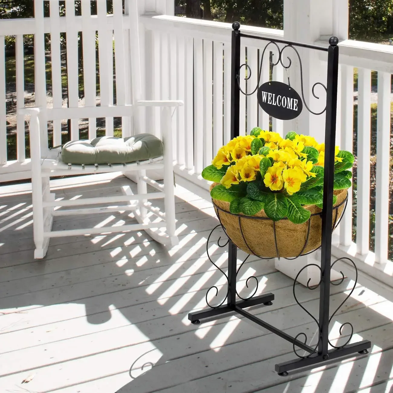 DSA floor-to-ceiling wrought iron hanging basket coconut palm flower stand outdoor courtyard welcome brand plant coconut palm