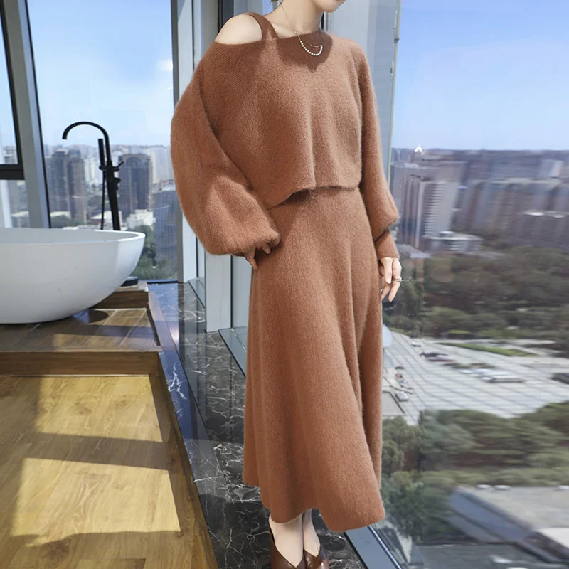 

Autumn and winter new women's 100% mink cashmere set a line neck knit sweater fashion solid color knitted skirt