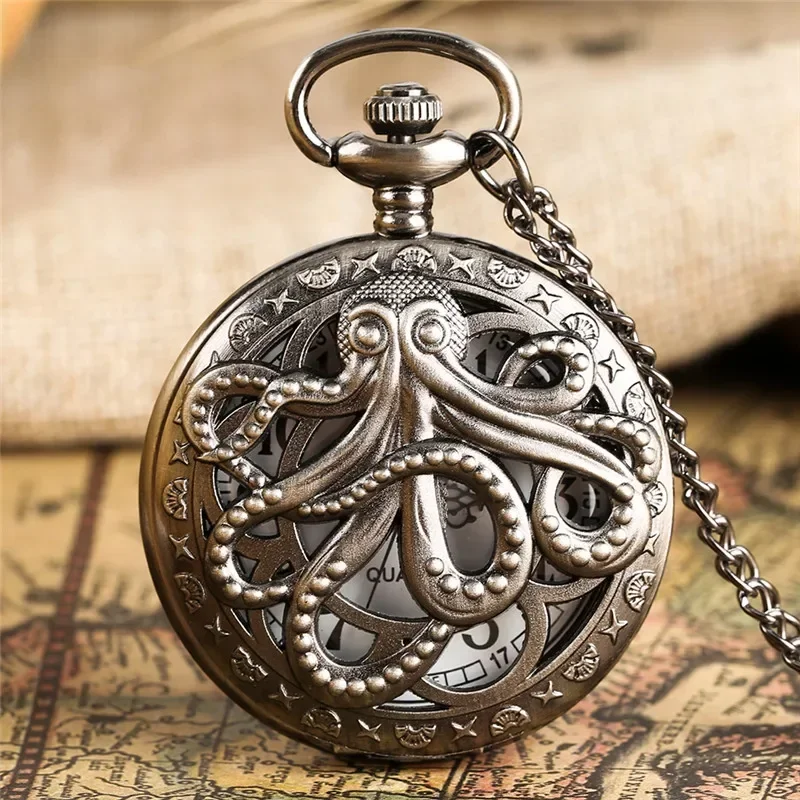 Antique Hollow Octopus Design Men Women Quartz Pocket Watch Arabic Number Clock Necklace Pendant Chain Timepiece Gift