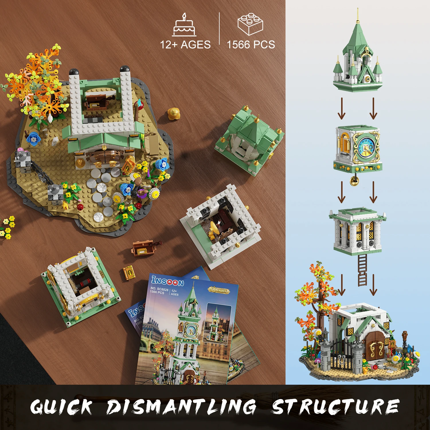 Zestaw klocków Magic Clock Tower - Wbudowane oświetlenie LED. Zawiera magiczną książkę i świecącą różdżkę. Prezent do wystroju domu dla dorosłych.