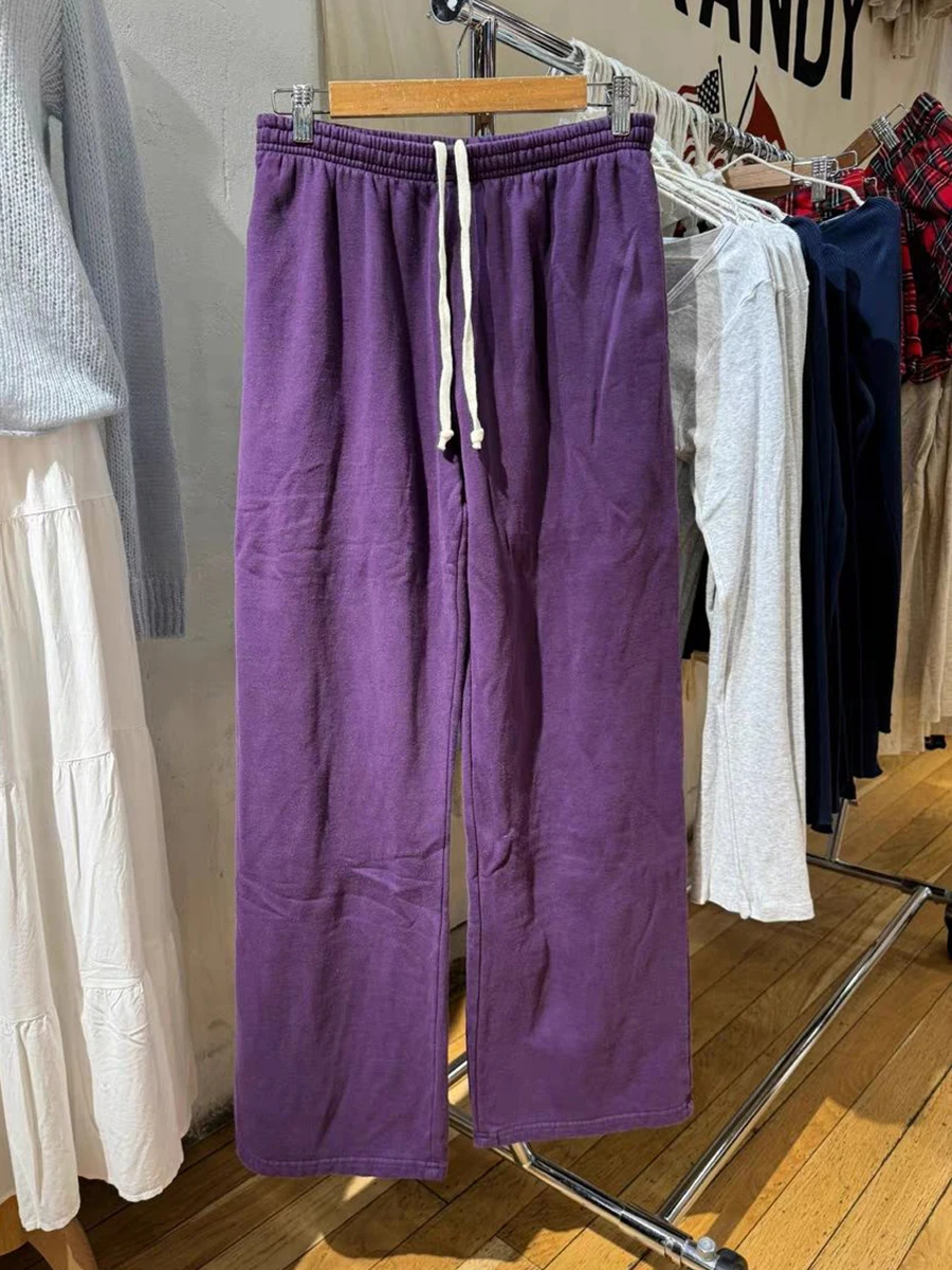 Novo roxo cordão casual em linha reta sweatpants outono algodão calças de cintura alta feminino streetwear sólido solto calças esportivas y2k