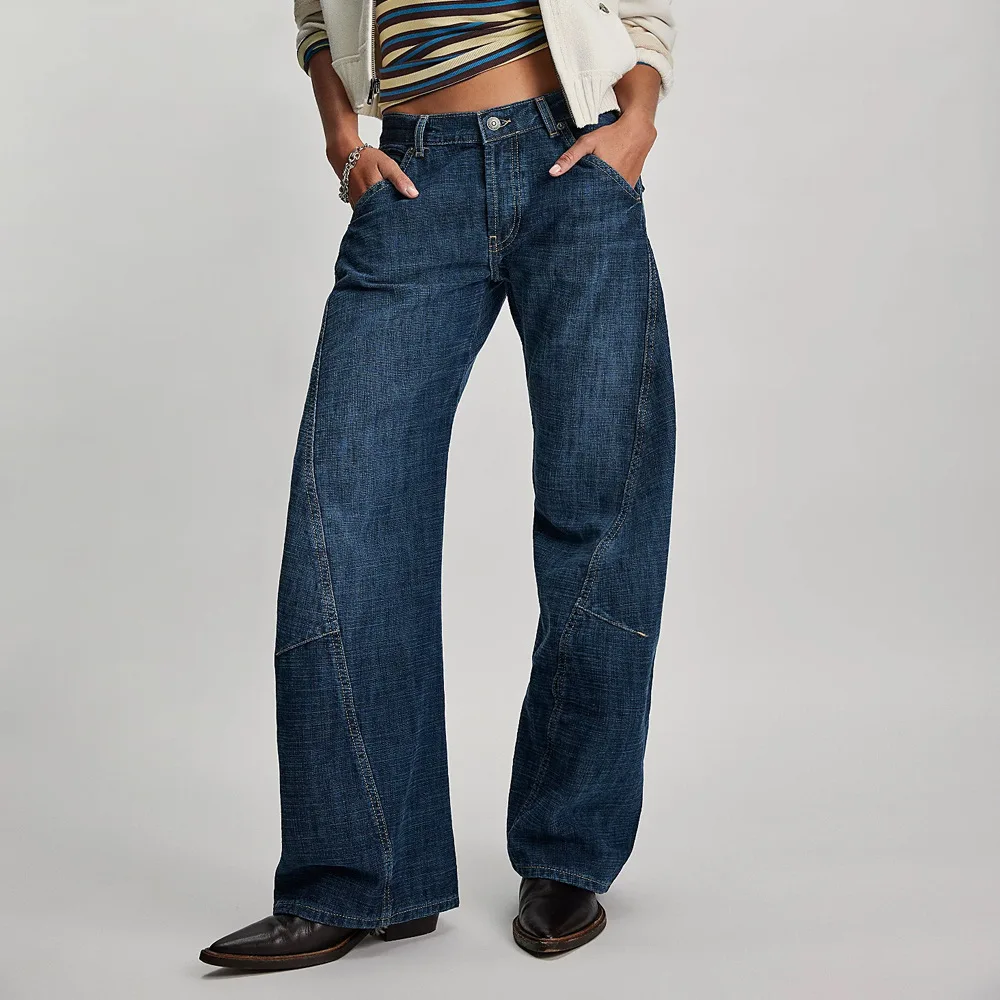 

Women Denim Pant Jeans Vintage Wide Leg Long Pants Mid Waist Straight Trousers Y2k Streetwear Elegant Splice Work Casual 2026