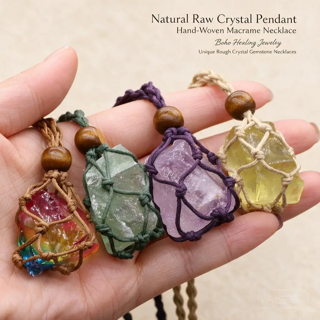Handmade Natural Raw Crystal Gemstone Macrame Net Pendant Necklace Adjustable Cord Boho Jewelry For Women Multiple Stone Options