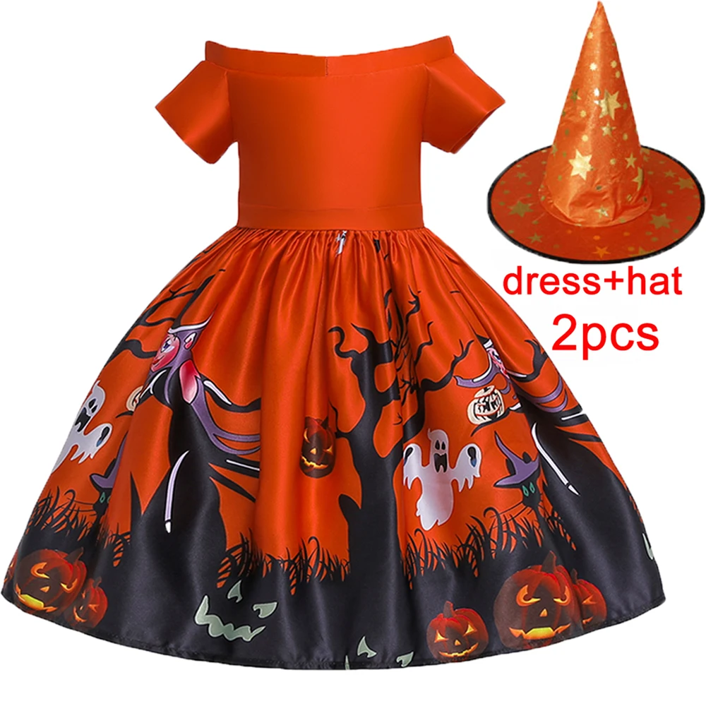 

Halloween Orange Pumpkin Witch Printed Costumes for Girls Carnival Ghost Birthday Party Dresses Girl Gothic Cosplay Kids Clothes