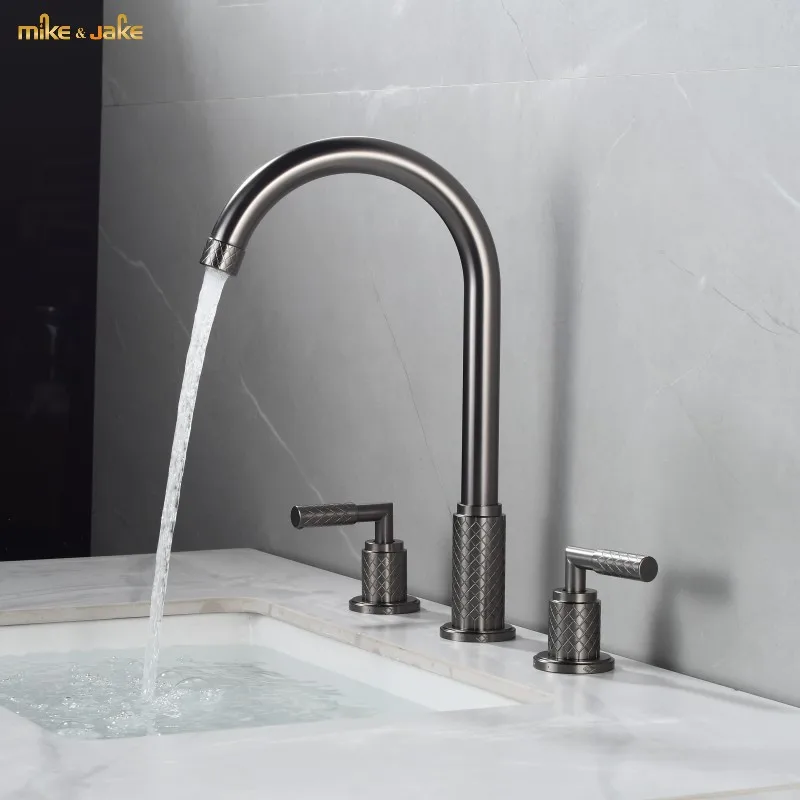 

gunmetal gray basin faucets basin sink double handle gold tap bathroom metal brushed faucet hot and cold sink mixer crane