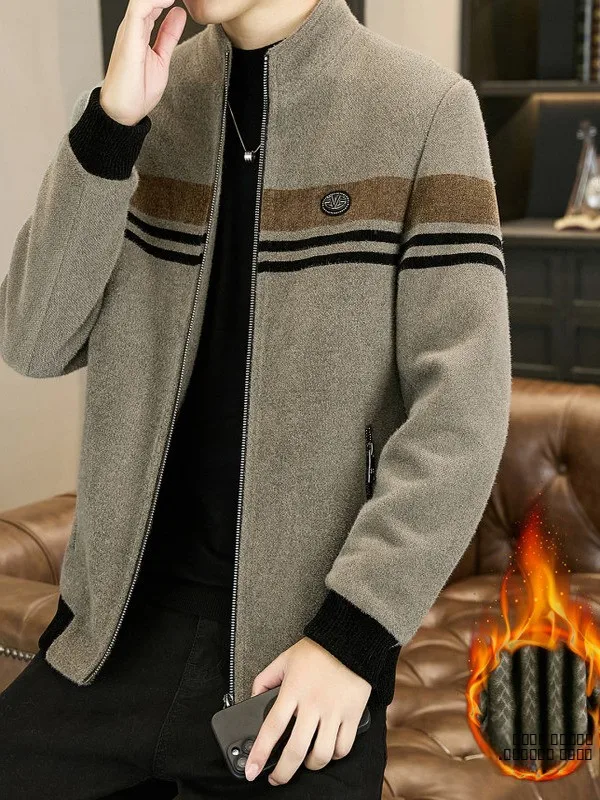 

Men's Faionable Thiened Fce Lined Woolen Jaet Autumn Winter Warm Stand Collar Coat Youth ular Loose Fit Long Sve