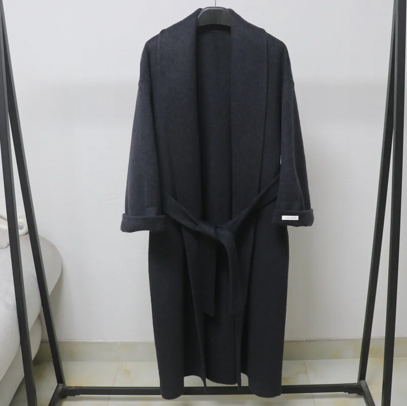 

Халат с большим воротником, двустороннее кашемировое пальто для женщин, осень-зима, длинные красивые шерстяные пальто, свободное простое шерстяное пальто