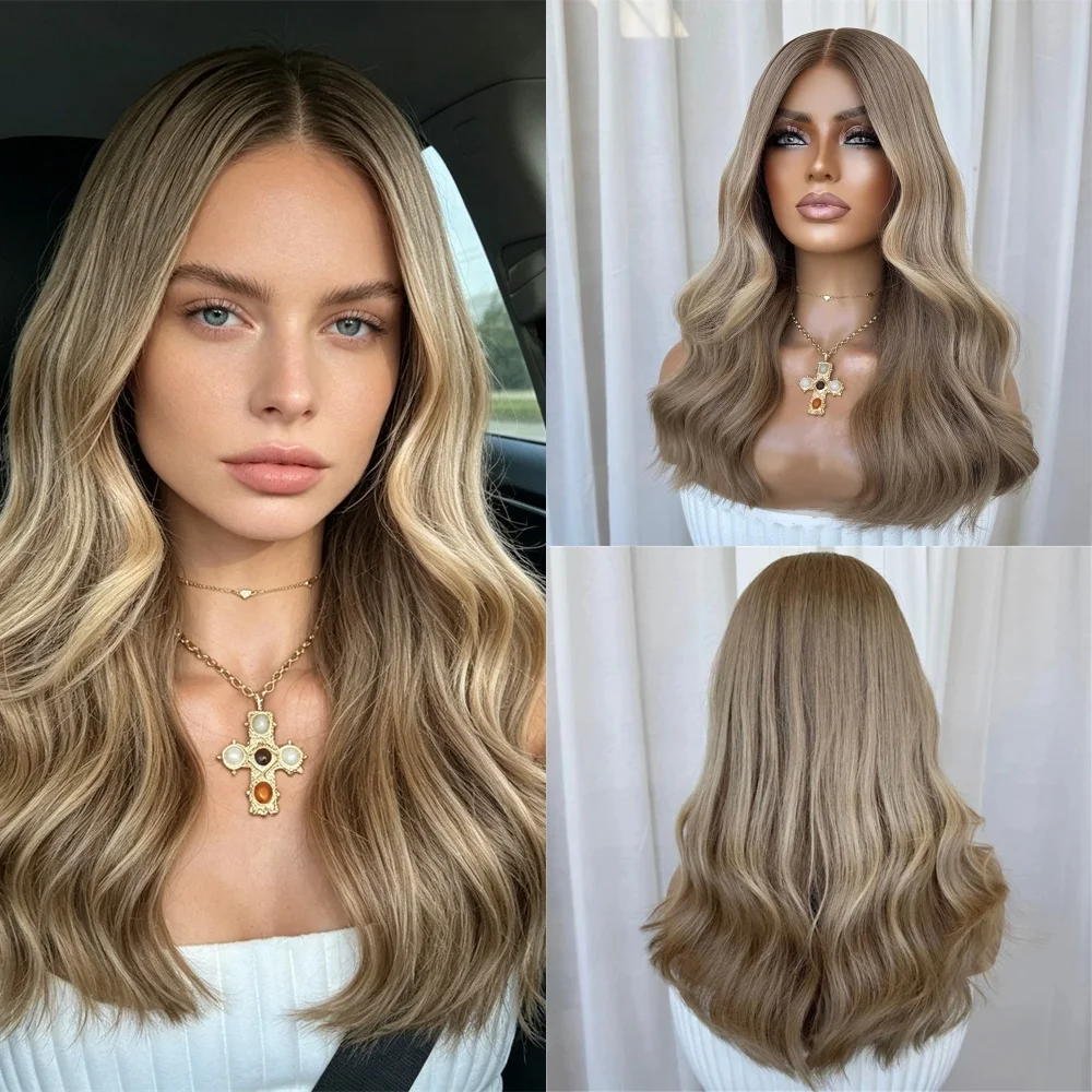 Small Large Size Cap Ombre Ash Blonde Brown Highlights Synthetic HD Lace Front Wig for Women Preplucked Hairline Glueless Wigs