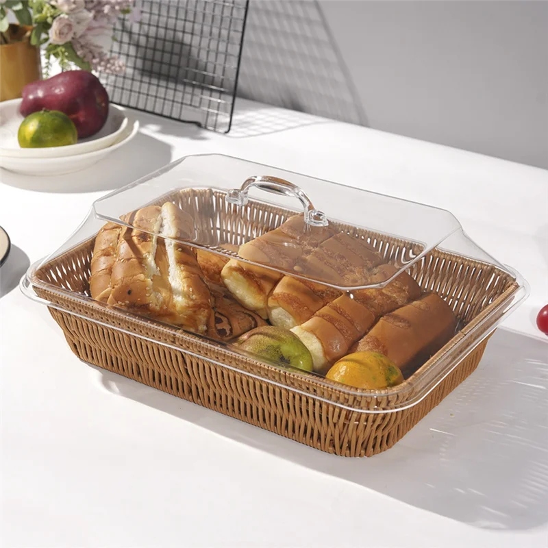 

JHD Woven Rattan Basket With Acrylic Lid - Polypropylene Food Serving Basket For Bread, Fruits, And More