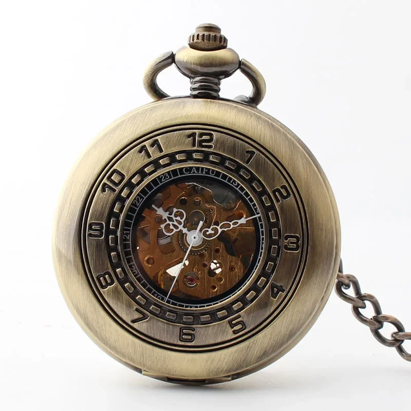 Relógio de bolso automático mecânico para homens e mulheres, Bronze Fob Chain Clock, Relógio retro