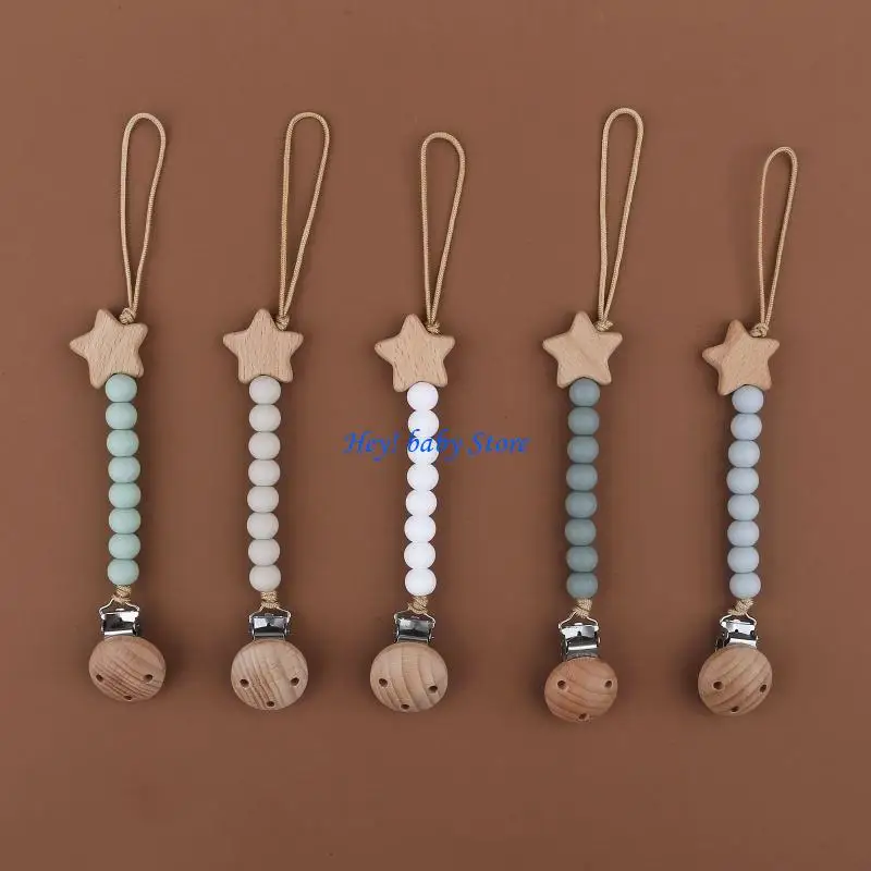 

Q1FE держатель для пустышки, деревянная звезда, силиконовый зажим для соски, зажим для детских нагрудников, цепочки для зажимы