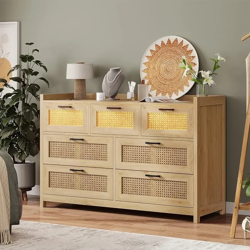 Dresser for Bedroom with Led Light, Natural Rattan Drawer Dressers, Dressers & Chests of Drawers, Closet Wooden Long Bedroom