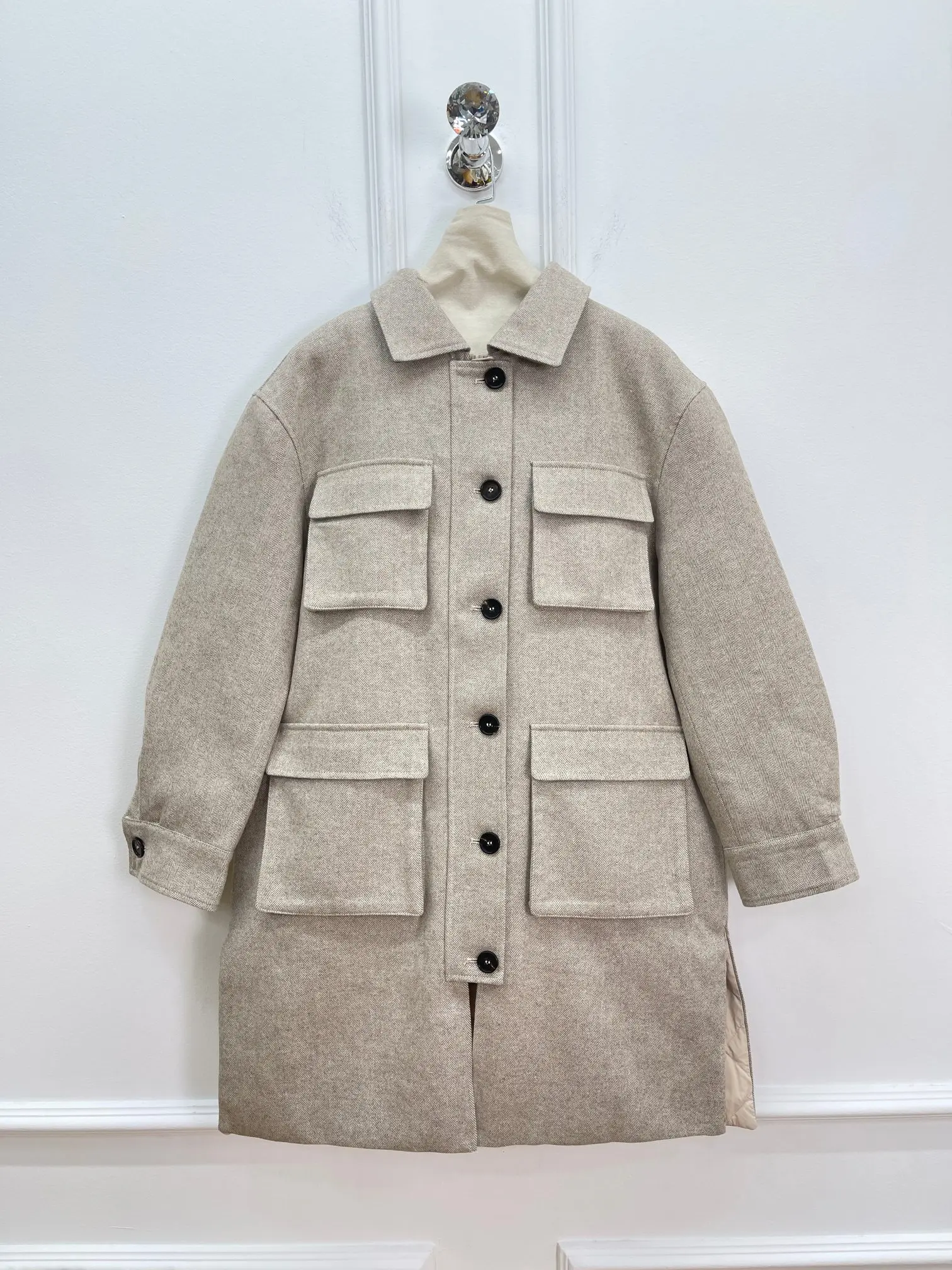 معطف صوف متعدد الجيوب من مزيج الصوف، سترة كاجوال فضفاضة مبطنة بالقطن، معطف متوسط الطول، دافئ