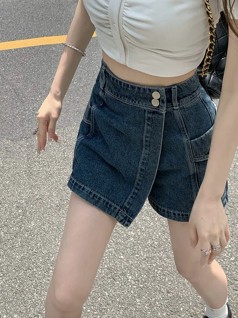 High Waist Denim orts Women's Spring Autumn Anti Exposure Slimming Design A-Line  Skirt Pants Cotton Stretch Denim