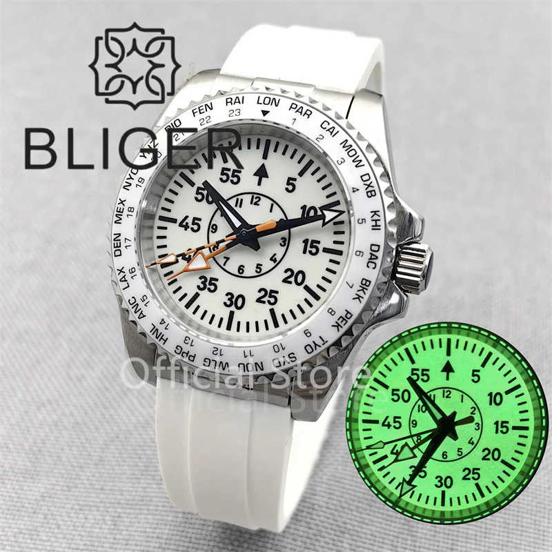 BLIGER 40mm Men Pilot 100m NH34 GMT Automatic Diving Watch Black Cream Dial With C3 Green Luminous Sapphire Glass Rubber Strap