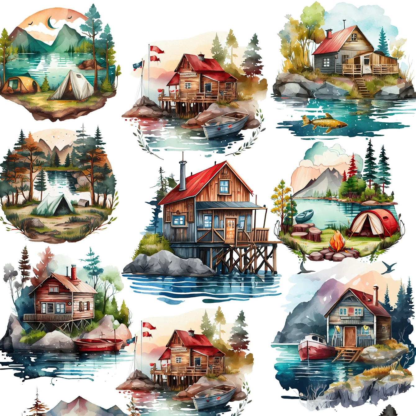 1 Set Watercolor Lake Small Wooden House Camping Stickers Scrapbooking Decorative DIY Stationery Decals Journals Notebooks