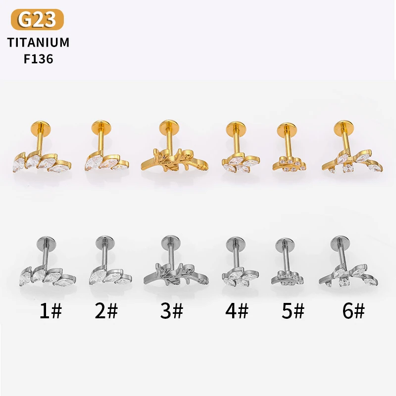 1PC G23 Titanium Leaf Labret CZ Mirco Paved Internally thread Lip Piercing F136 Ear Cartilage Helix Tragus Stud Body Piercing