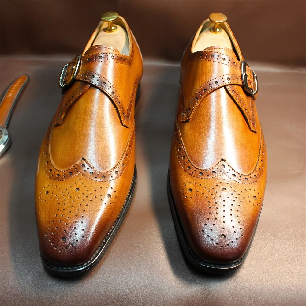 Luxuriöse Herren-Loafer aus echtem Leder mit spitzer Zehenpartie und Schnalle, rahmengenähte braune und schwarze Büro-Formalkleiderschuhe für Herren – Detail 6