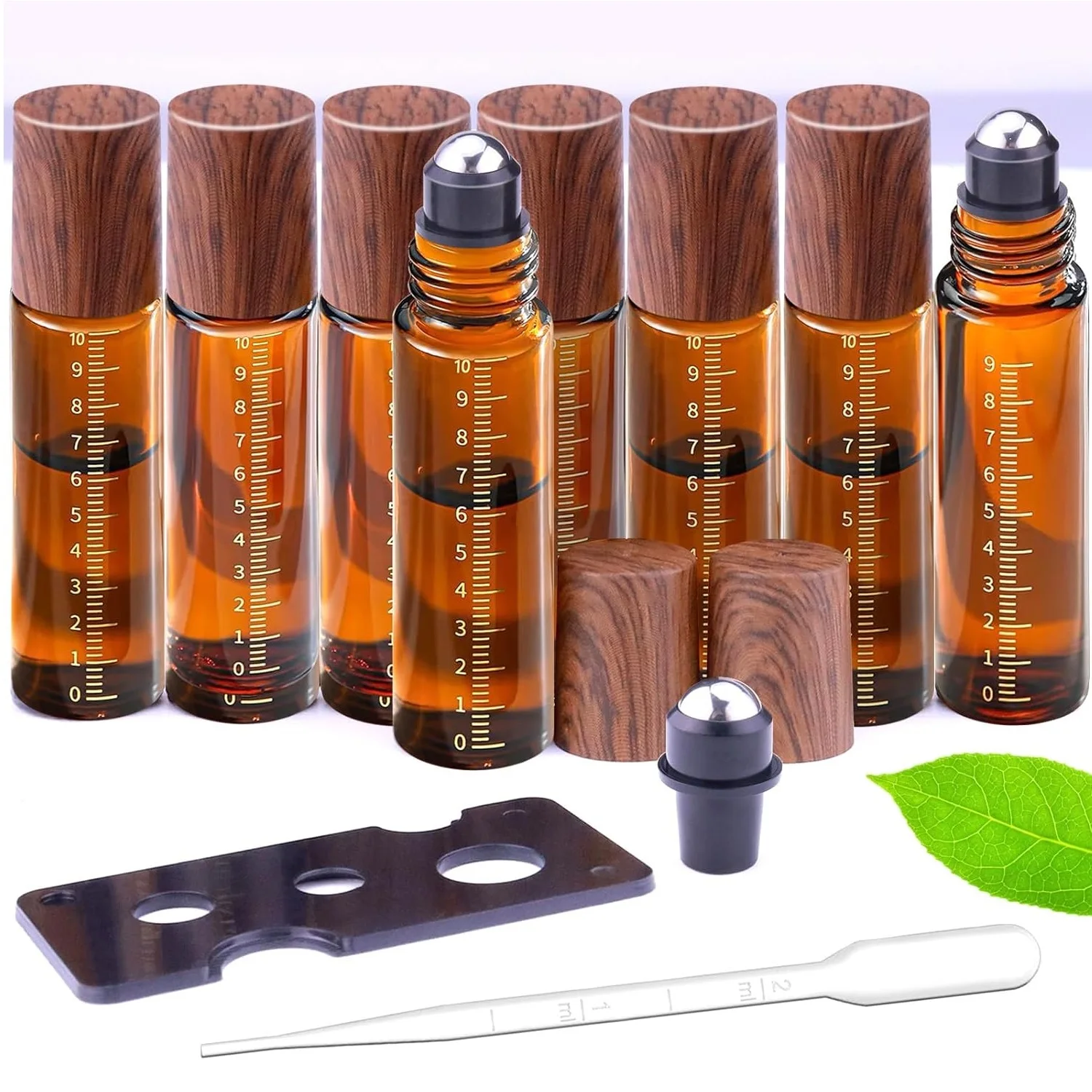 8pcs Essential Oil Roller Bottles with Scale Amber Glass 1/3 Oz 10ml Empty Rollerball Bottles Travel Refillable Roll on Perfume