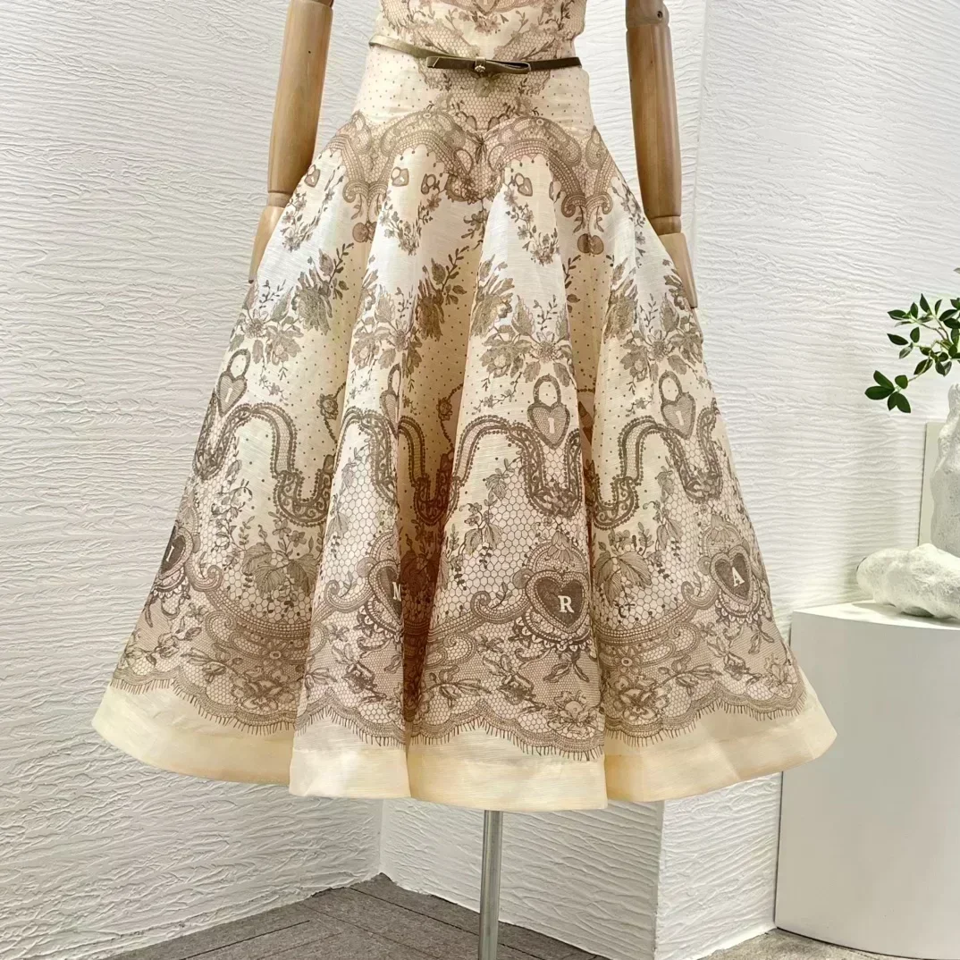 Beach Style Overlap Pleat Design 2025 New Elegant Floral Print Linen Silk Cut Out Strapless Women Spaghetti Waist Midi Dress