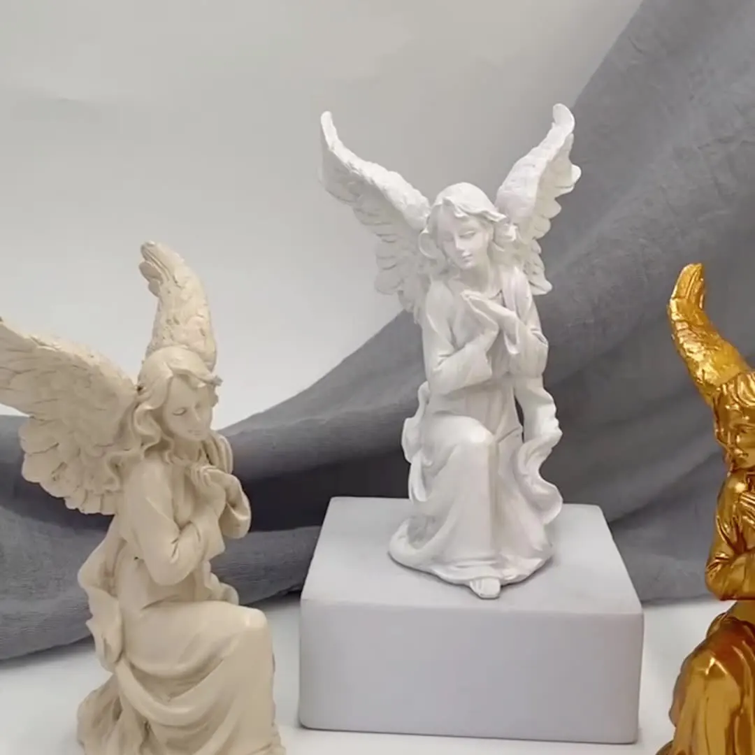 14cm Angel Figurines White Gold Sculpture Collectible Resin Statue Desktop Bookshelf Small Object Home Decoration Bedroom