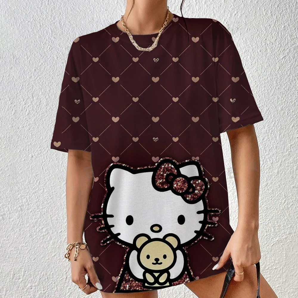 HelloKitty 50 Anniversary Print T Shirt Women Kawaii Sanrioed Harajuku Tops Black Short Sleeve Woman T-shirt Streetwear Clothing