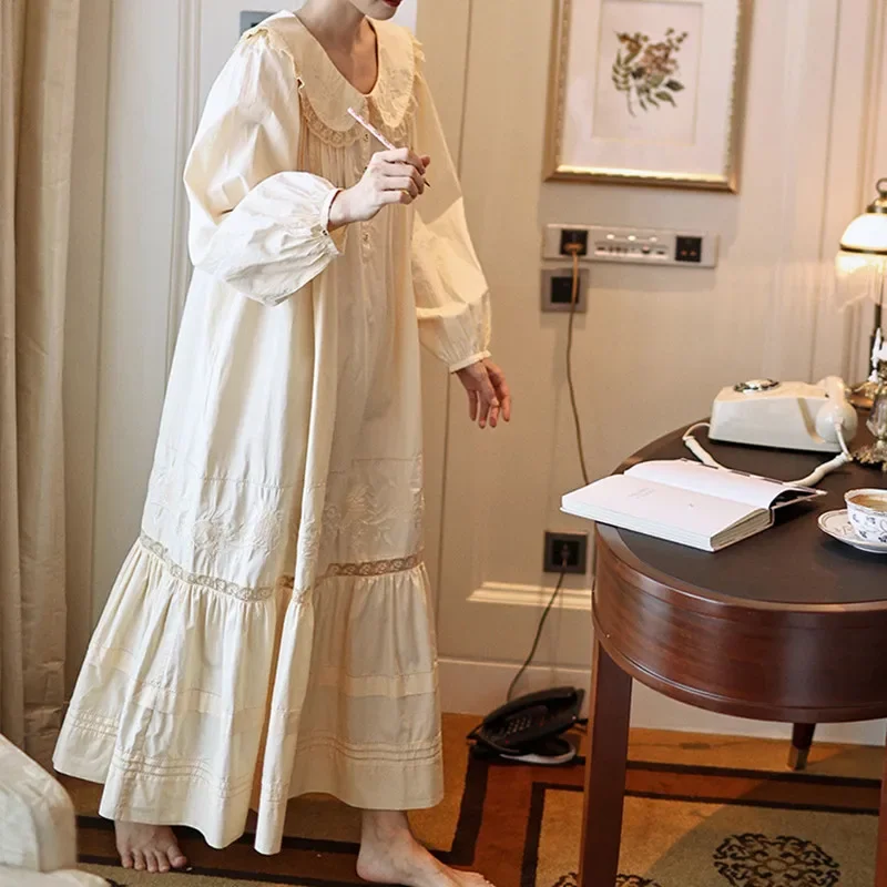 Women 100% Cotton Full Sleeves Nightdress Vintage Apricot Long Ankle-Length Nightgowns Loose Design Embroidery Homewear Nightie