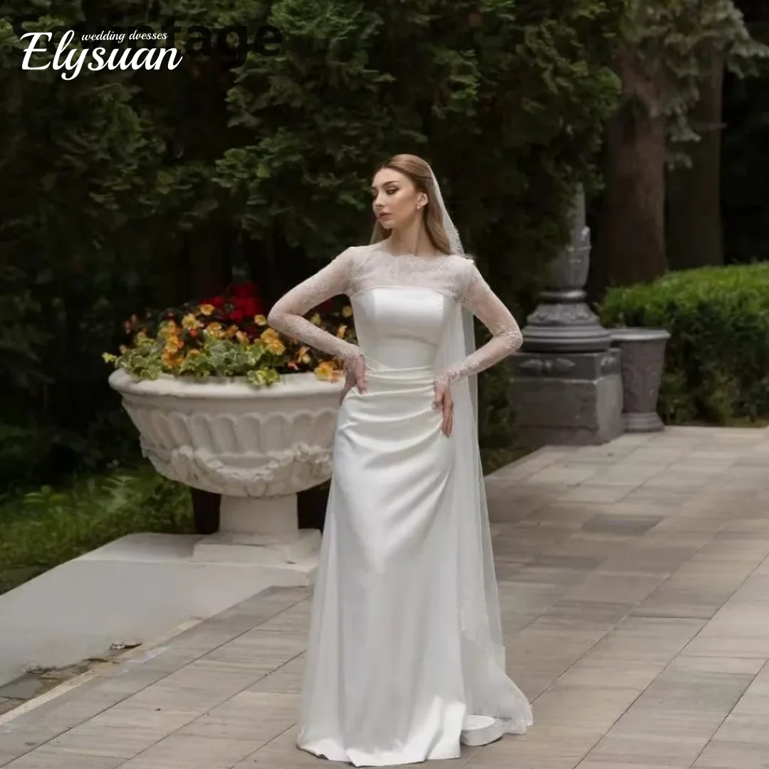 Aangepaste eenvoudige elegante zeemeermin satijnen kant lange mouw trouwjurk bruidsjurken