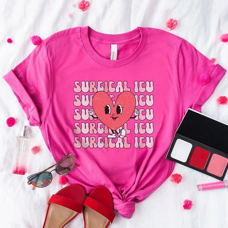 Retro Sicu Valentine'S Day T Shirt Funny Surical Icu Nurse Sticu Rn Tech Vday Intensive Care Love Cupid'S Favorite