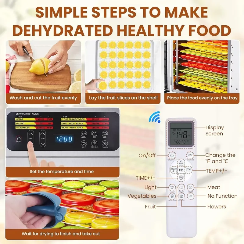 Food Dehydrator for Jerky Remote Control Large 10 Stainless Steel Trays 1000W Fruit Dehydrator 24H Timer and 194F Temperature